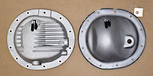 PML rear differential cover for Nissan compared to stock, top down view
