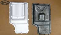 PML Transmission Pan Part Number 11085, compared to stock, top view