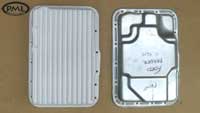 PML Transmission Pan Part Number 9614-2, compared to stock, top view