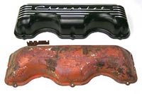 PML Valve Cover Part Number 10651,  compared to stock, front view