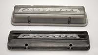 PML cast finish small block 55 to 59 Chevrolet valve covers compared to die cast part, top view